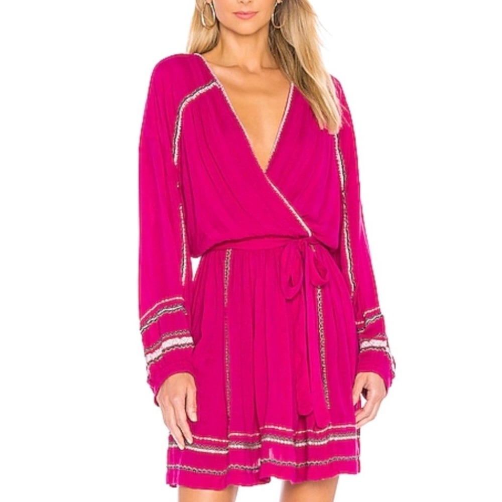 NEW FREE PEOPLE Delilah Embroidered Wrap Mini Dress Size M Pink Festival‎ Boho - Picture 11 of 11